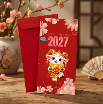 Phối cảnh bao lì xì đỏ hình chú dê dễ thương ôm thỏi vàng chữ Lộc, hoa anh đào hồng và số 2027 — mẫu thiết kế D&P