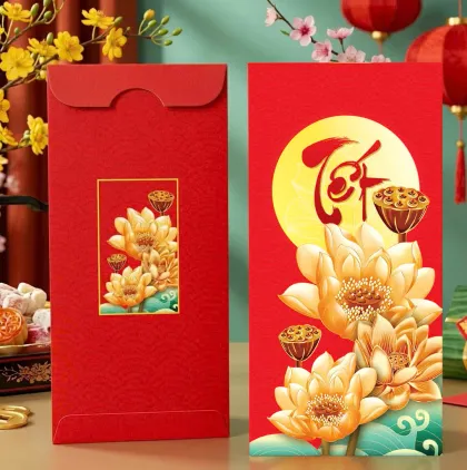 Phối cảnh bao lì xì đỏ hoa sen vàng trên nền trăng và chữ Tết thư pháp — mẫu thiết kế D&P Quận 6, TP.HCM
