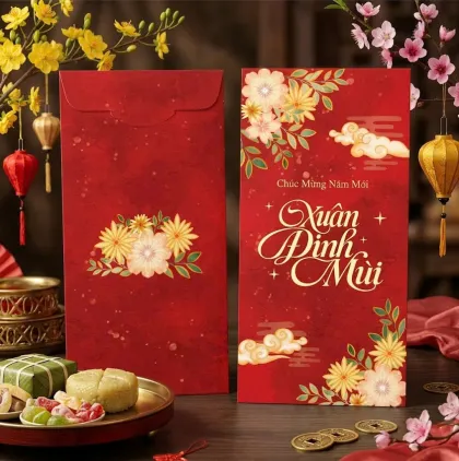 Phối cảnh bao lì xì đỏ in chìm hoa văn, hoa cúc vàng, mây và chữ Xuân Đinh Mùi ép kim — mẫu thiết kế D&P Quận 6