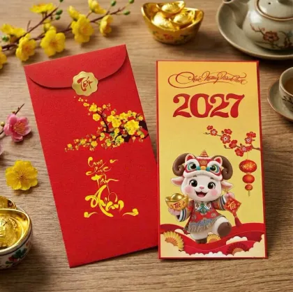 Phối cảnh bao lì xì đỏ có tem dán Tết màu vàng ở nắp, cành mai vàng, chữ thư pháp; mặt sau dê múa lân và số 2027 — mẫu D&P