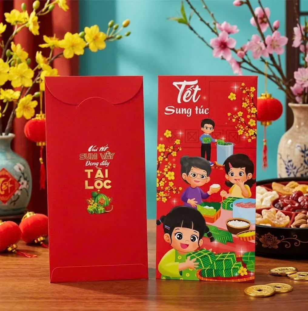 Phối cảnh bao lì xì đỏ tranh cả nhà gói bánh chưng, chữ Tết sung túc