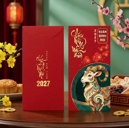 Phối cảnh bao lì xì đỏ ép kim vàng thư pháp Chúc Mừng Năm Mới, hình dê hoa văn xanh ngọc, nhãn Xuân Đinh Mùi 2027 — mẫu D&P