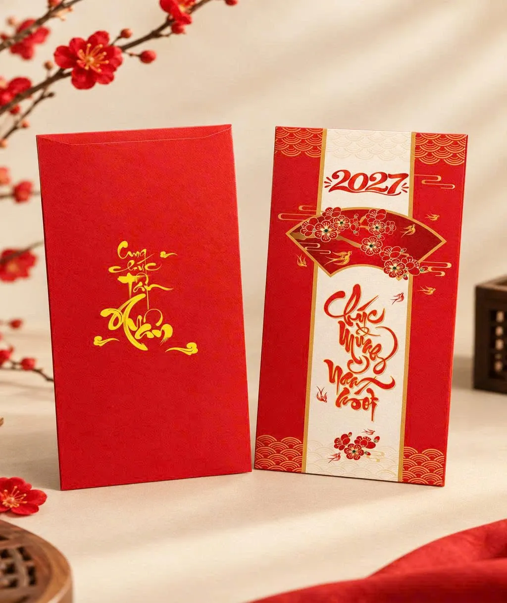 Phối cảnh bao lì xì đỏ quạt hoa đào và chữ thư pháp Chúc Mừng Năm Mới 2027 trên dải trắng