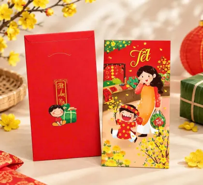 Phối cảnh bao lì xì đỏ tranh minh họa mẹ và bé đi chợ Tết bên cành mai vàng — mẫu thiết kế D&P Quận 6, TP.HCM