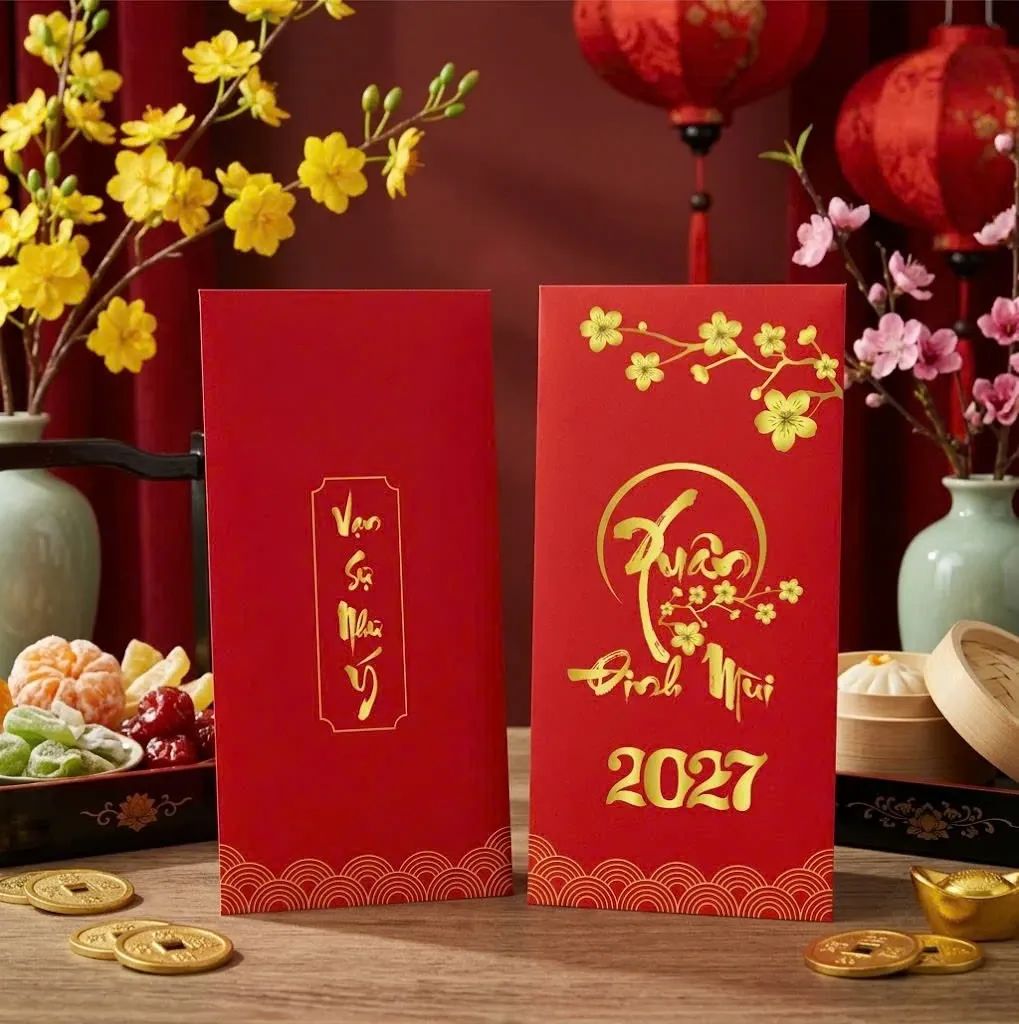 Phối cảnh bao lì xì đỏ ép kim chữ Vạn sự như ý; mặt trước Xuân Đinh Mùi 2027 và cành mai vàng
