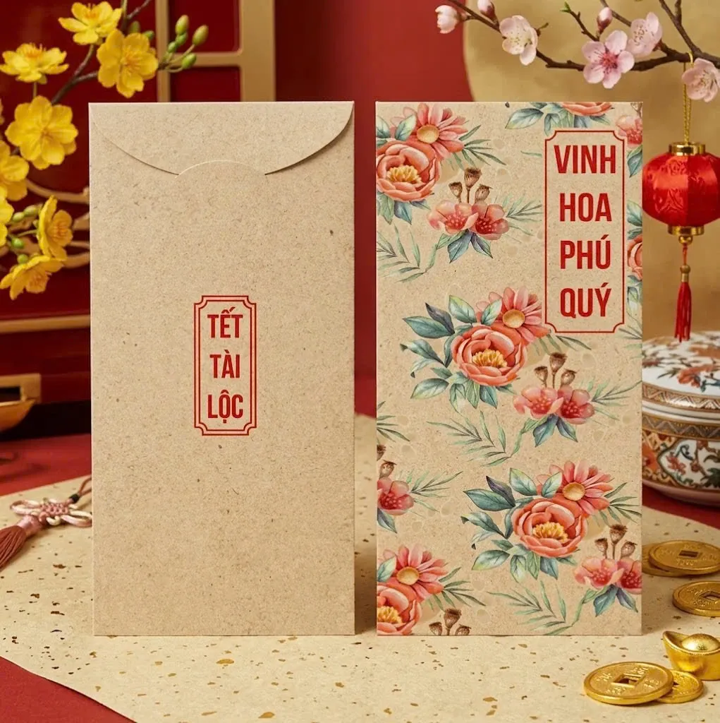 Phối cảnh bao lì xì giấy Kraft in hoa mẫu đơn nhiều màu, chữ Vinh Hoa Phú Quý và Tết Tài Lộc