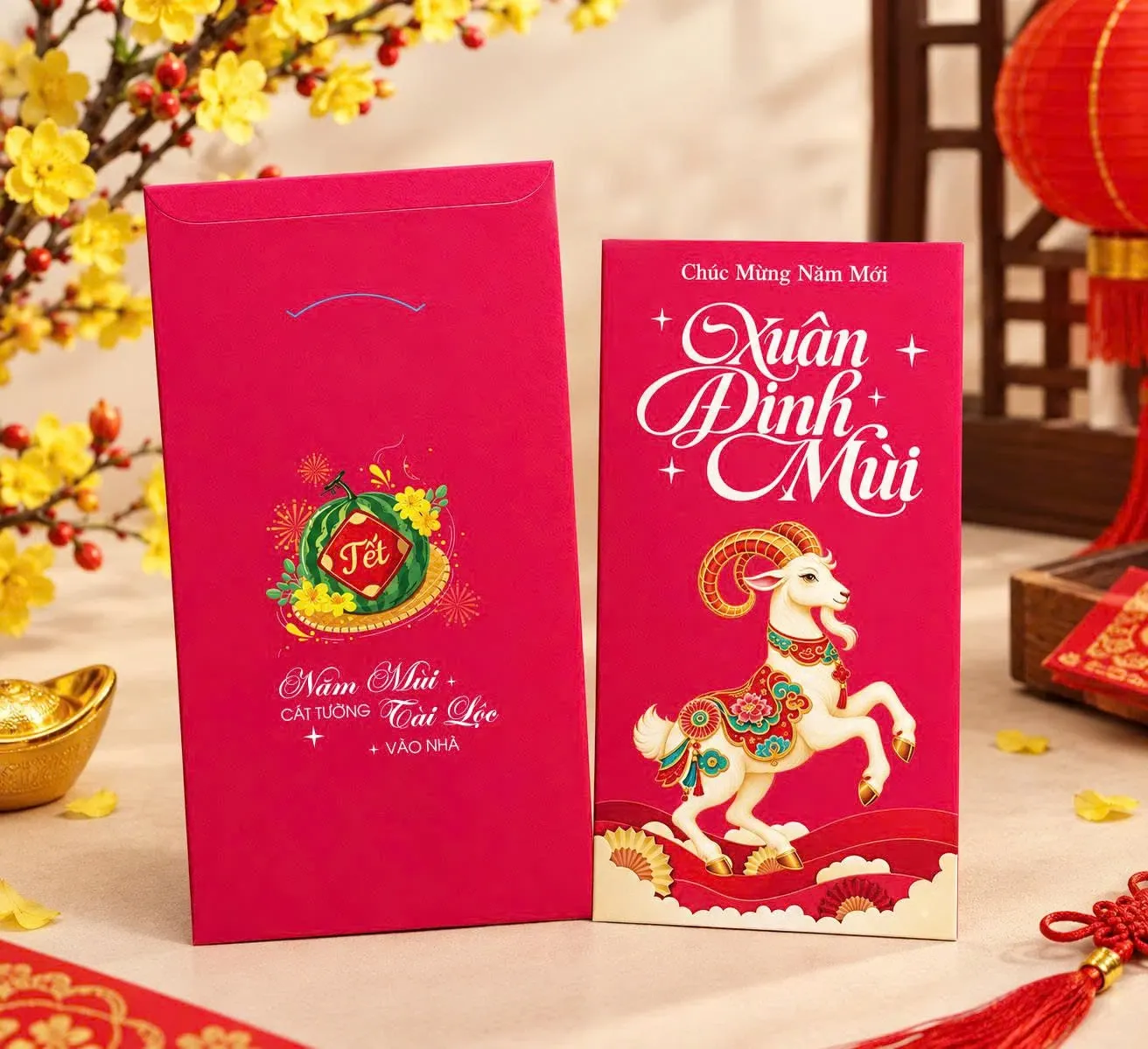 Phối cảnh bao lì xì màu hồng sen in chữ Xuân Đinh Mùi và hình con dê trắng