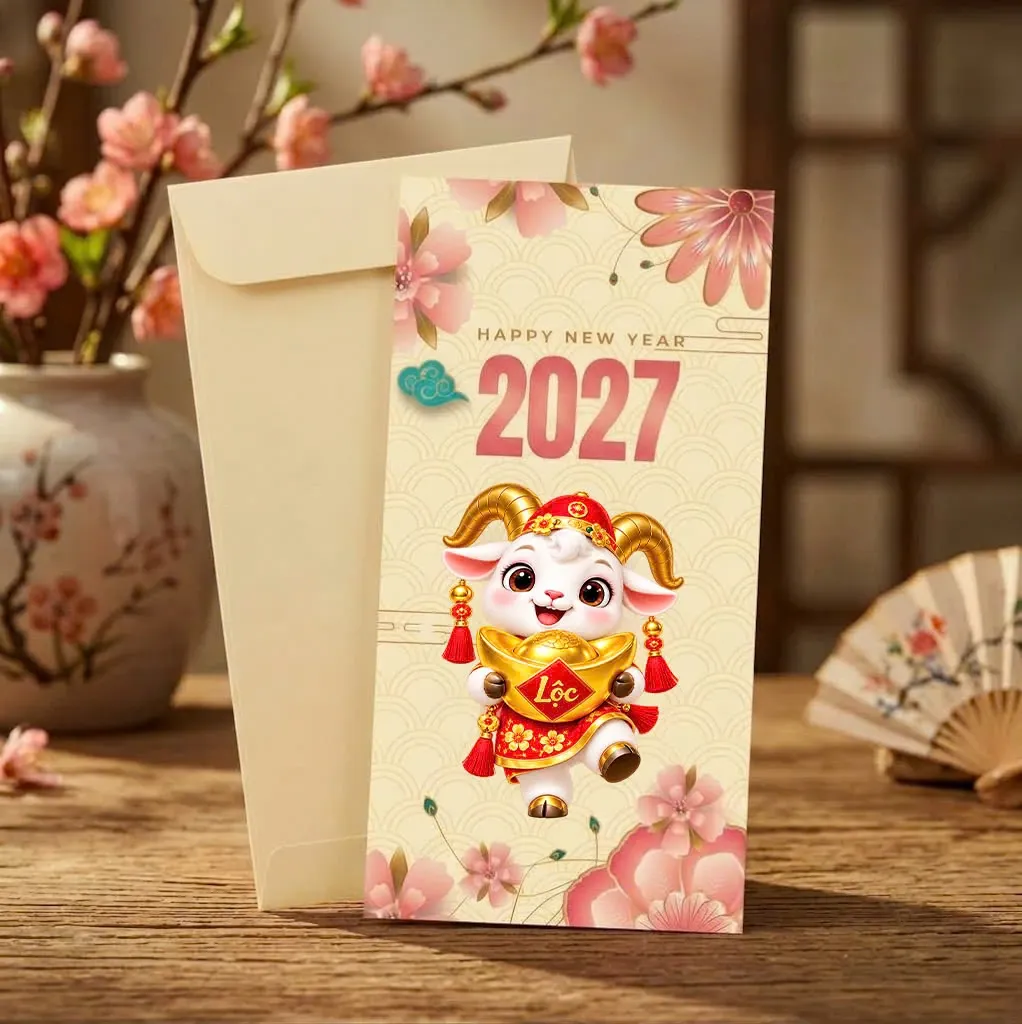 Phối cảnh bao lì xì nền kem hình chú dê ôm thỏi vàng, hoa anh đào hồng và số 2027