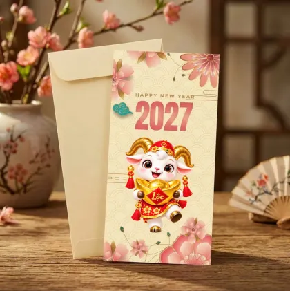 Phối cảnh bao lì xì nền kem hình chú dê ôm thỏi vàng, hoa anh đào hồng và số 2027 — phiên bản màu kem của cùng mẫu thiết kế D&P