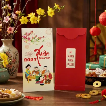 Phối cảnh bao lì xì nền kem cành đào, chữ Xuân Đoàn Viên 2027 và tranh cả nhà quây quần; phong bì đỏ chữ An Khang Thịnh Vượng — mẫu D&P