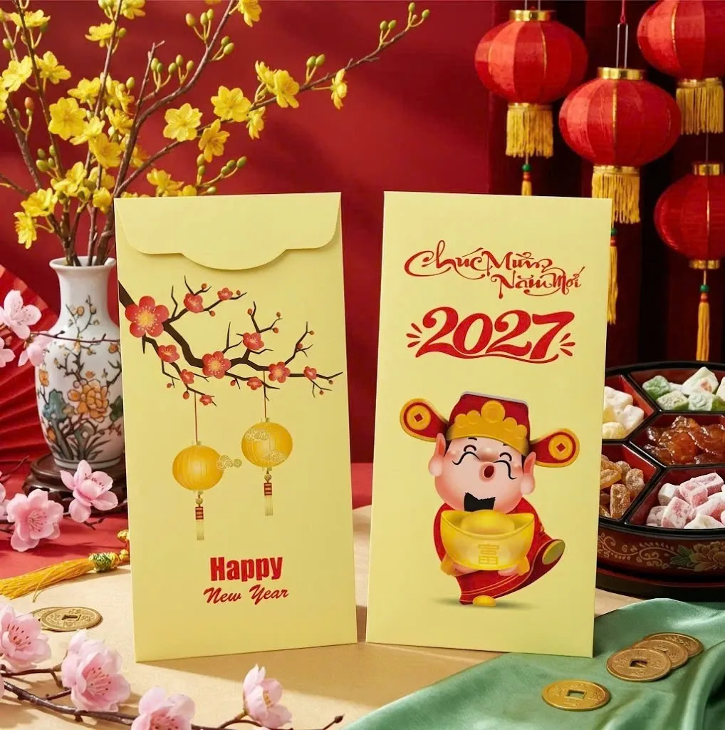 Phối cảnh bao lì xì nền vàng chanh nhân vật Thần Tài hoạt hình ôm thỏi vàng, cành mai và số 2027