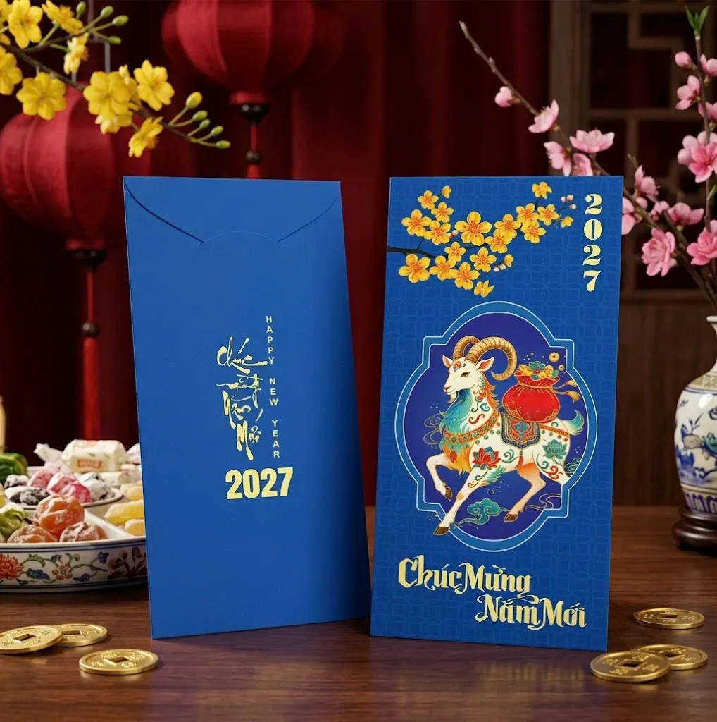 Phối cảnh bao lì xì xanh dương ép kim vàng hình dê, cành mai và chữ Chúc Mừng Năm Mới 2027