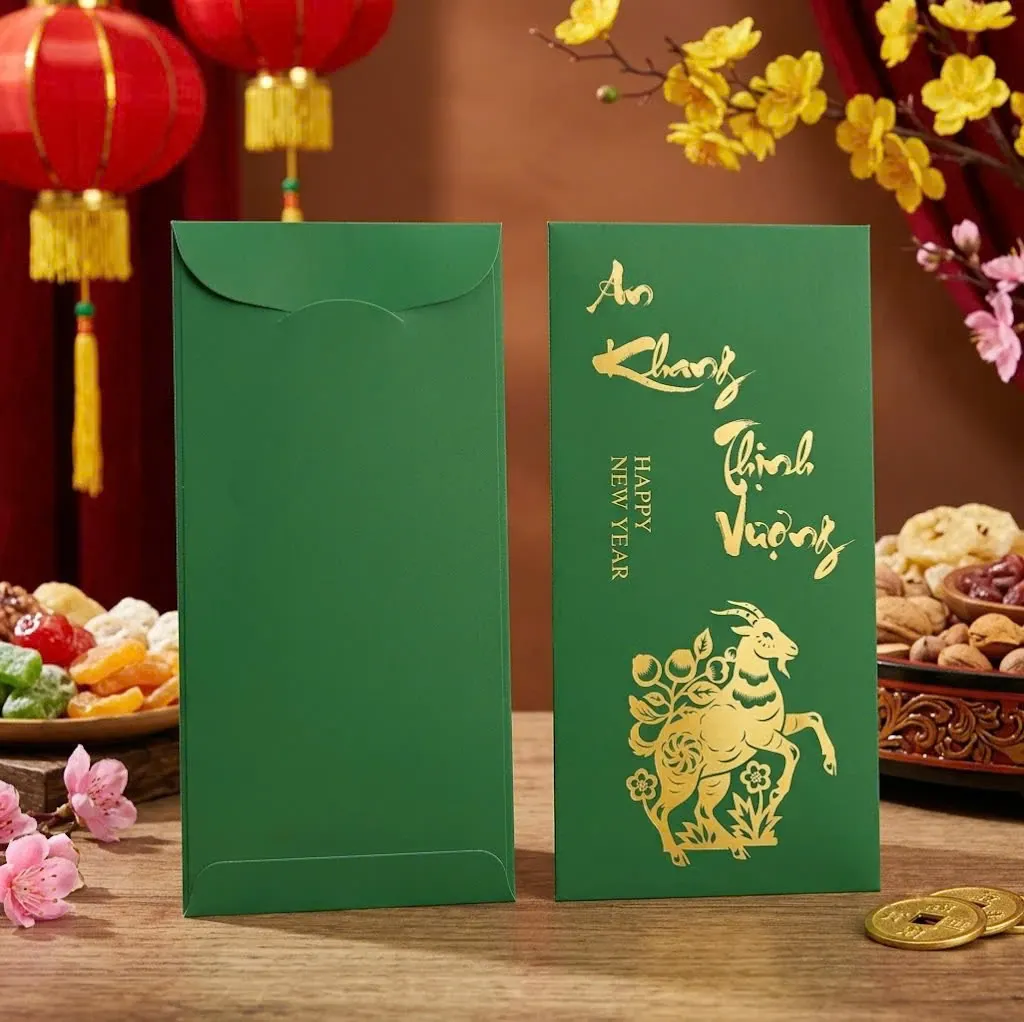 Phối cảnh bao lì xì xanh lá ép kim vàng chữ An Khang Thịnh Vượng và hình dê cắt giấy