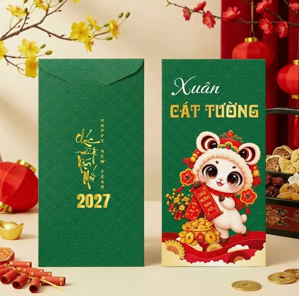 Phối cảnh bao lì xì xanh lá chữ Xuân Cát Tường, linh vật dê múa lân dễ thương và ép kim vàng
