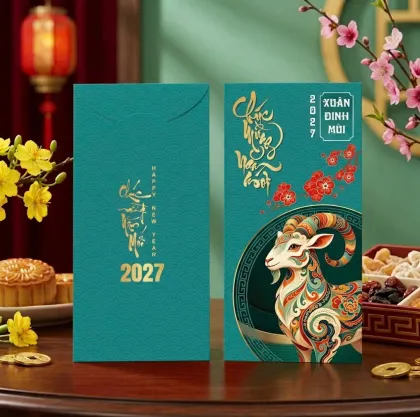 Phối cảnh bao lì xì xanh ngọc ép kim vàng thư pháp, hình dê hoa văn — phiên bản màu xanh ngọc của cùng mẫu thiết kế D&P