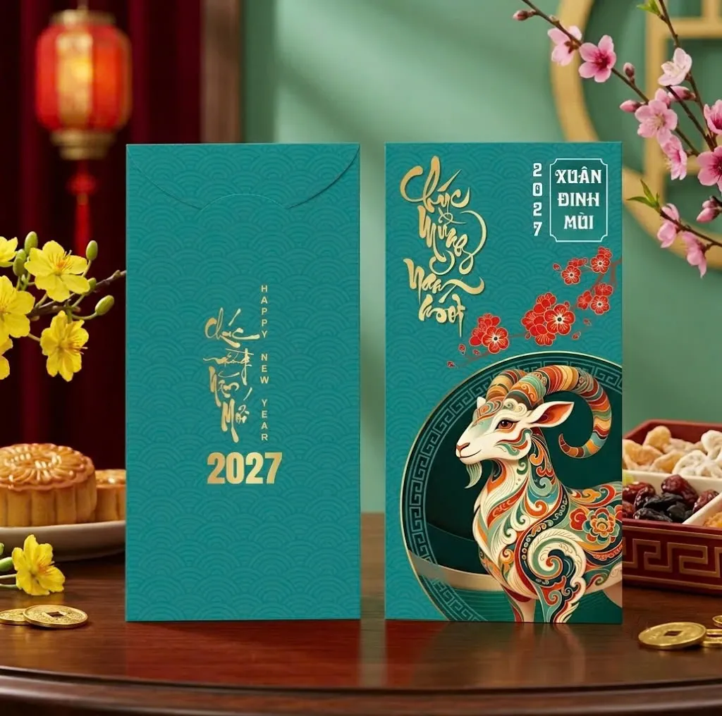 Phối cảnh bao lì xì xanh ngọc ép kim vàng thư pháp — mẫu thiết kế tại TP.HCM