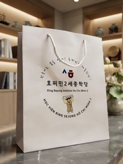 Túi giấy học viện in logo, quai dây cotton — mẫu thực tế xưởng D&P Quận 6