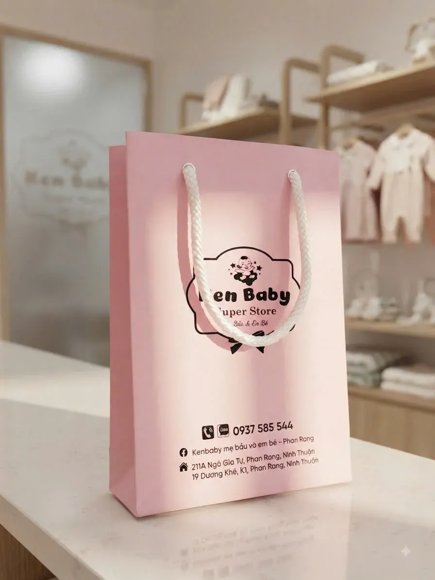 Túi giấy shop mẹ và bé in một màu trên giấy hồng